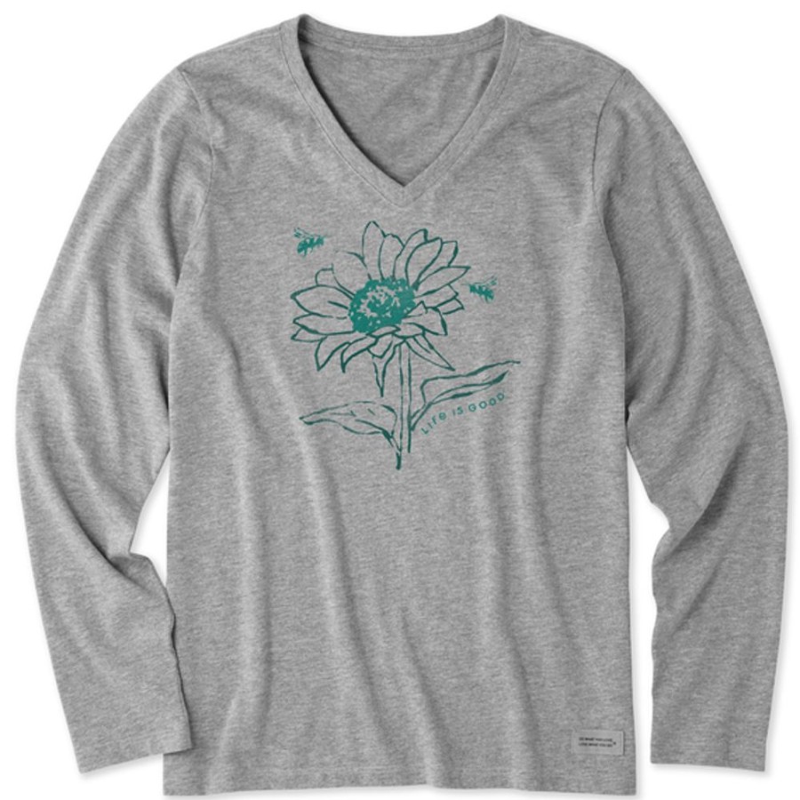 Women Life is Good Graphic Tees | Women'S Sunflower Bees Long Sleeve Crusher Vee Heather Gray