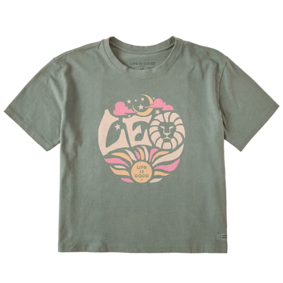 Women Life is Good Boxy Tees | Women'S Leo Zodiac Vibes Boxy Crusher Tee Moss Green