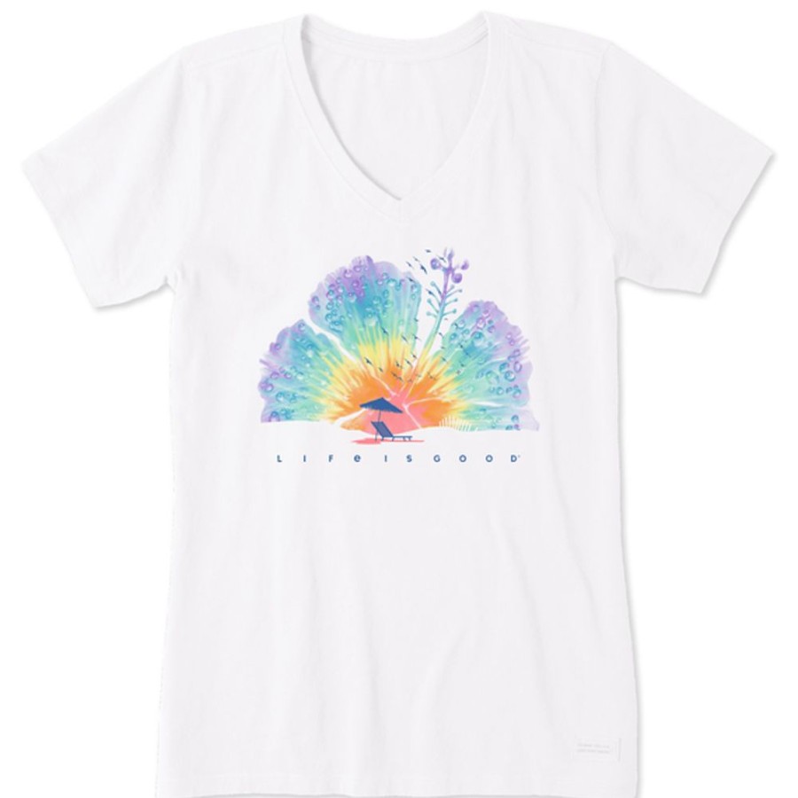 Women Life is Good Graphic Tees | Women'S Tie Dye Watercolor Hibiscus Short Sleeve Vee Cloud White