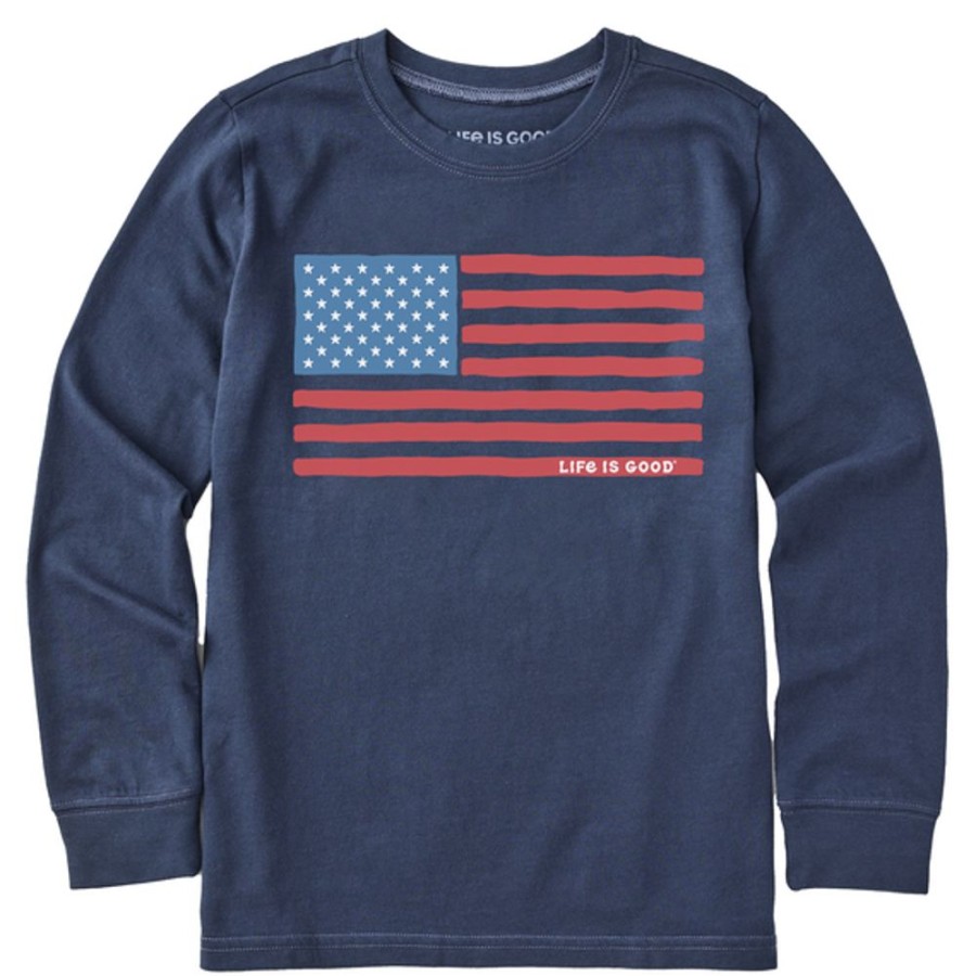 Kids Life is Good Graphic Tees | Kids Big Kids Us Flag Long Sleeve Crusher Tee Darkest Blue