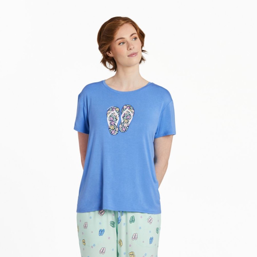 Women Life is Good Sleepwear | Women'S Flower Flips Lightweight Sleep Tee Cornflower Blue