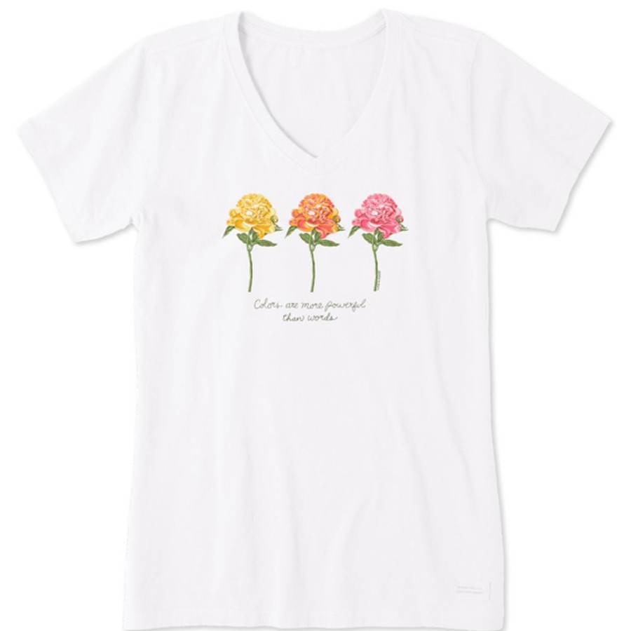 Women Life is Good Graphic Tees | Women'S 3 Botanical Peonies Short Sleeve Vee Cloud White