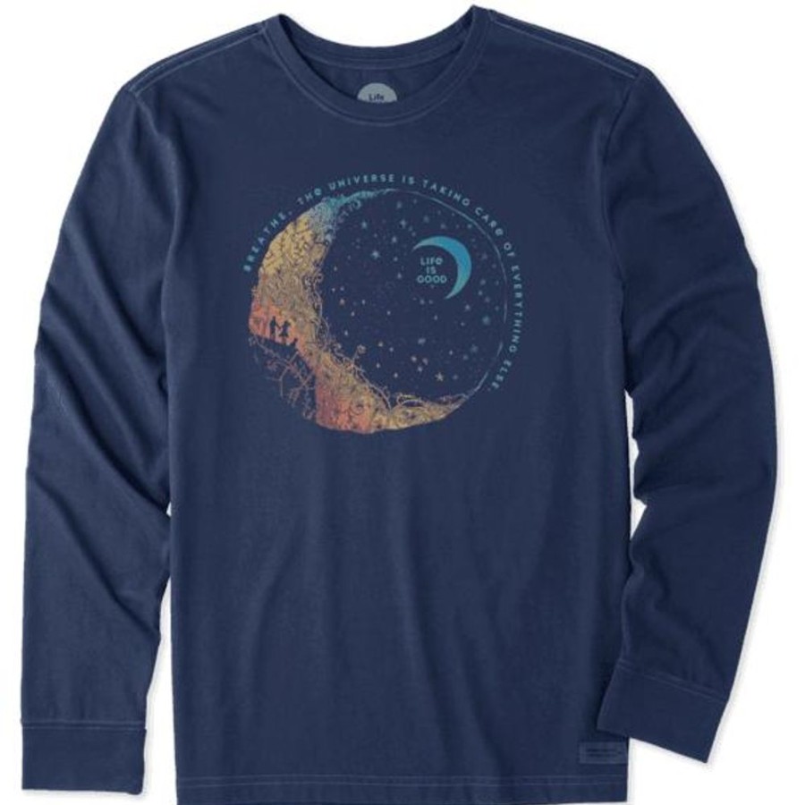 Men Life is Good Graphic Tees | Men'S Breathe Moon Long Sleeve Crusher Tee Darkest Blue