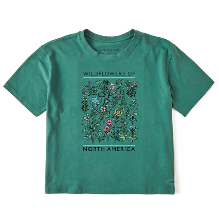 Women Life is Good Graphic Tees | Women'S Realaxed Wildflowers Of North America Boxy Crusher Tee Spruce Green