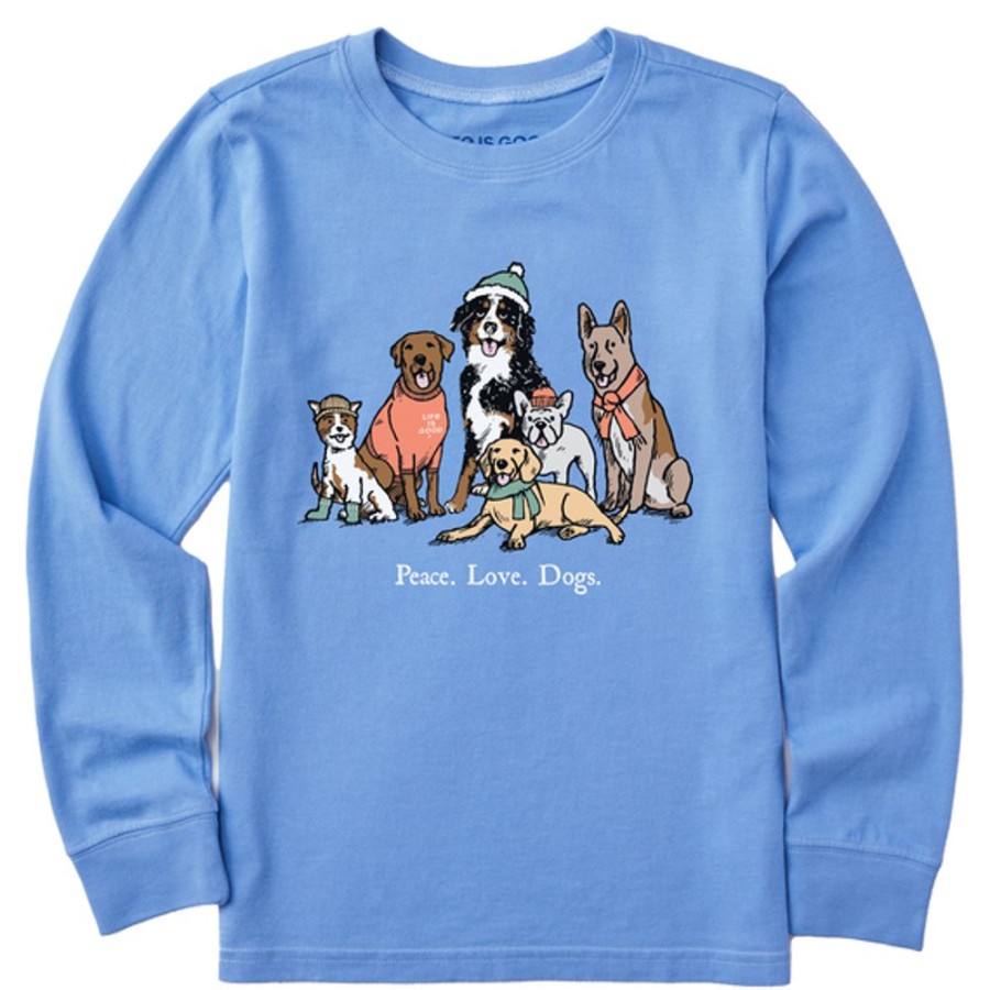 Kids Life is Good Graphic Tees | Kids Storybook Peace Love Dogs Long Sleeve Crusher Tee Cornflower Blue