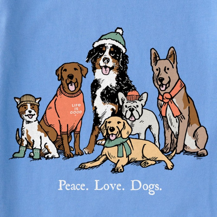 Kids Life is Good Graphic Tees | Kids Storybook Peace Love Dogs Long Sleeve Crusher Tee Cornflower Blue