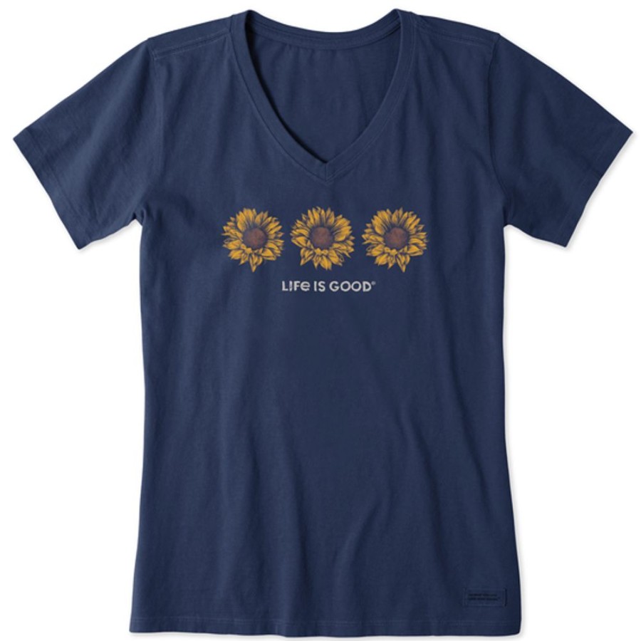 Women Life is Good Graphic Tees | Women'S Three Artistic Sunflowers Short Sleeve Vee Darkest Blue