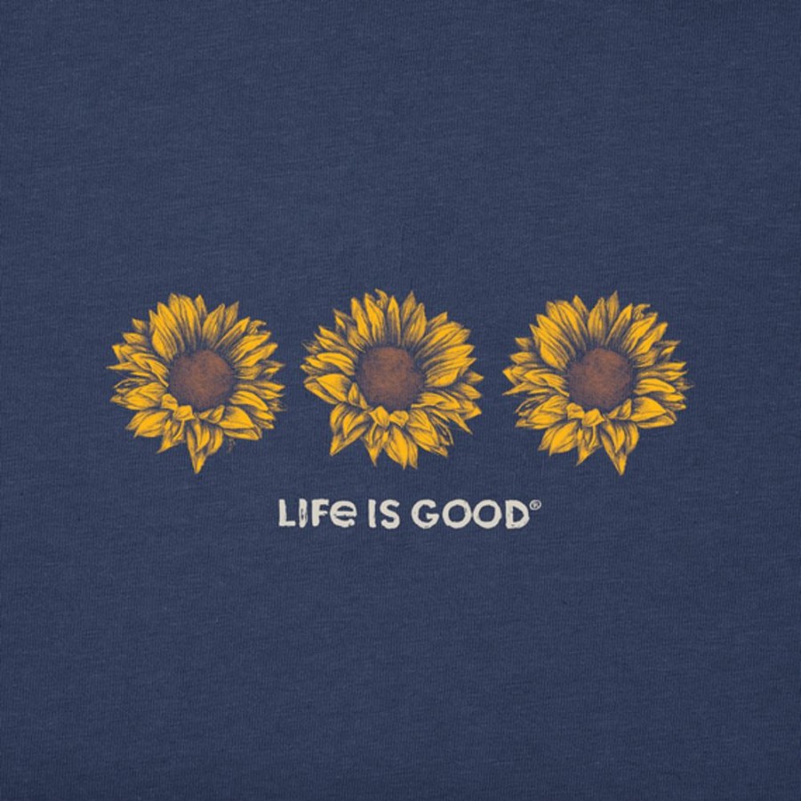 Women Life is Good Graphic Tees | Women'S Three Artistic Sunflowers Short Sleeve Vee Darkest Blue