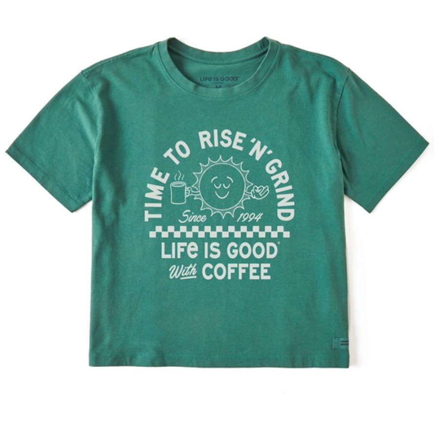 Women Life is Good Graphic Tees | Women'S Showtime Matchbook Rise Coffee Sun Boxy Crusher Tee Spruce Green