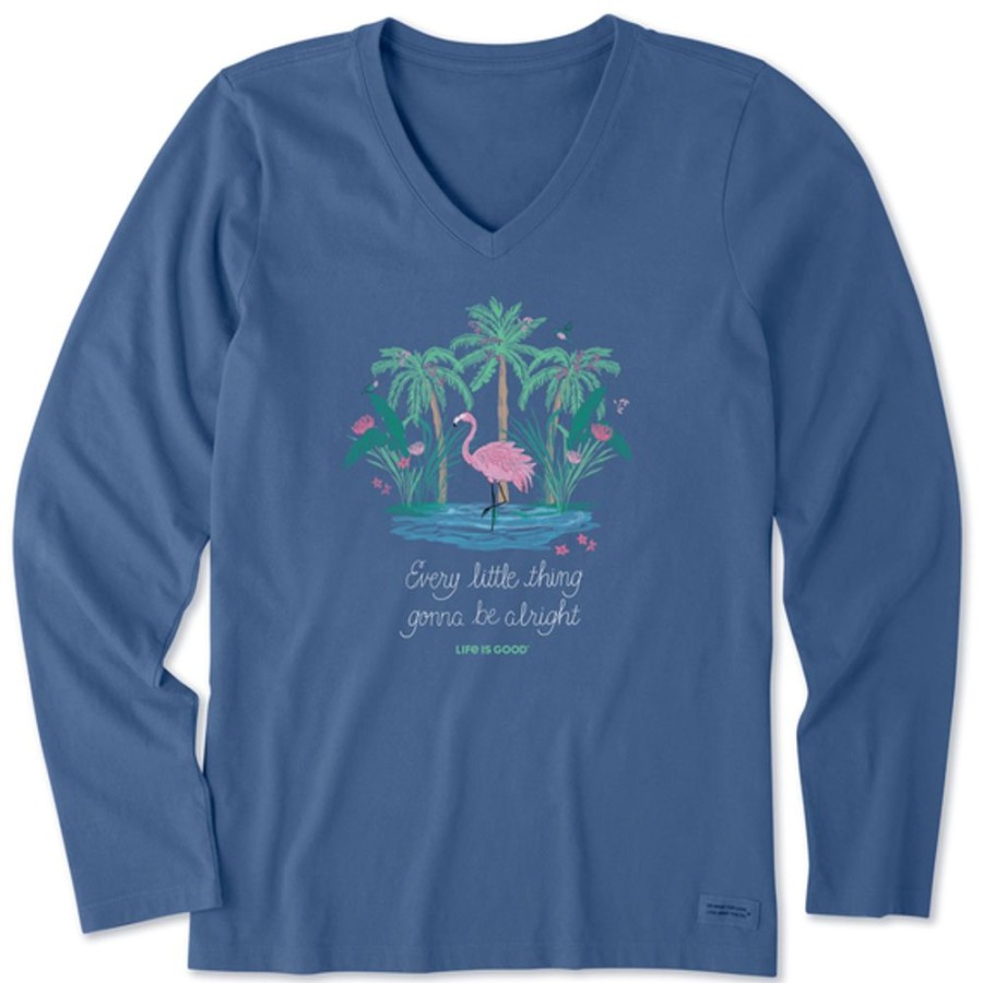 Women Life is Good Graphic Tees | Women'S Every Little Thing Flamingo Long Sleeve Crusher Vee Vintage Blue