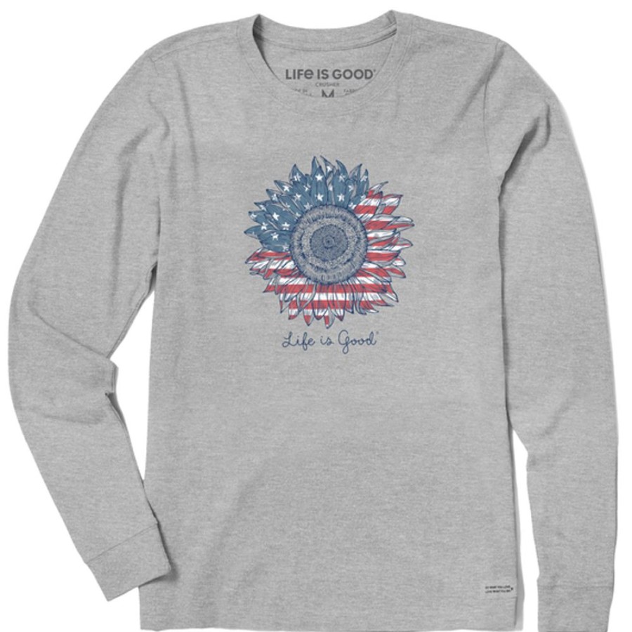 Women Life is Good Graphic Tees | Women'S American Sunflower Long Sleeve Crusher Tee Heather Gray