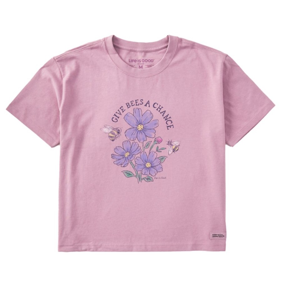 Women Life is Good Boxy Tees | Women'S Dreamy Give Bees A Chance Boxy Crusher Tee Violet Purple