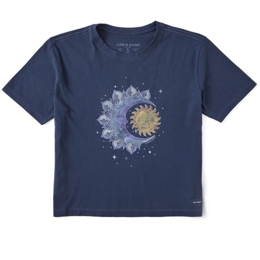 Women Life is Good Boxy Tees | Women'S Washy Celestial Sun Moon Boxy Crusher Tee Darkest Blue