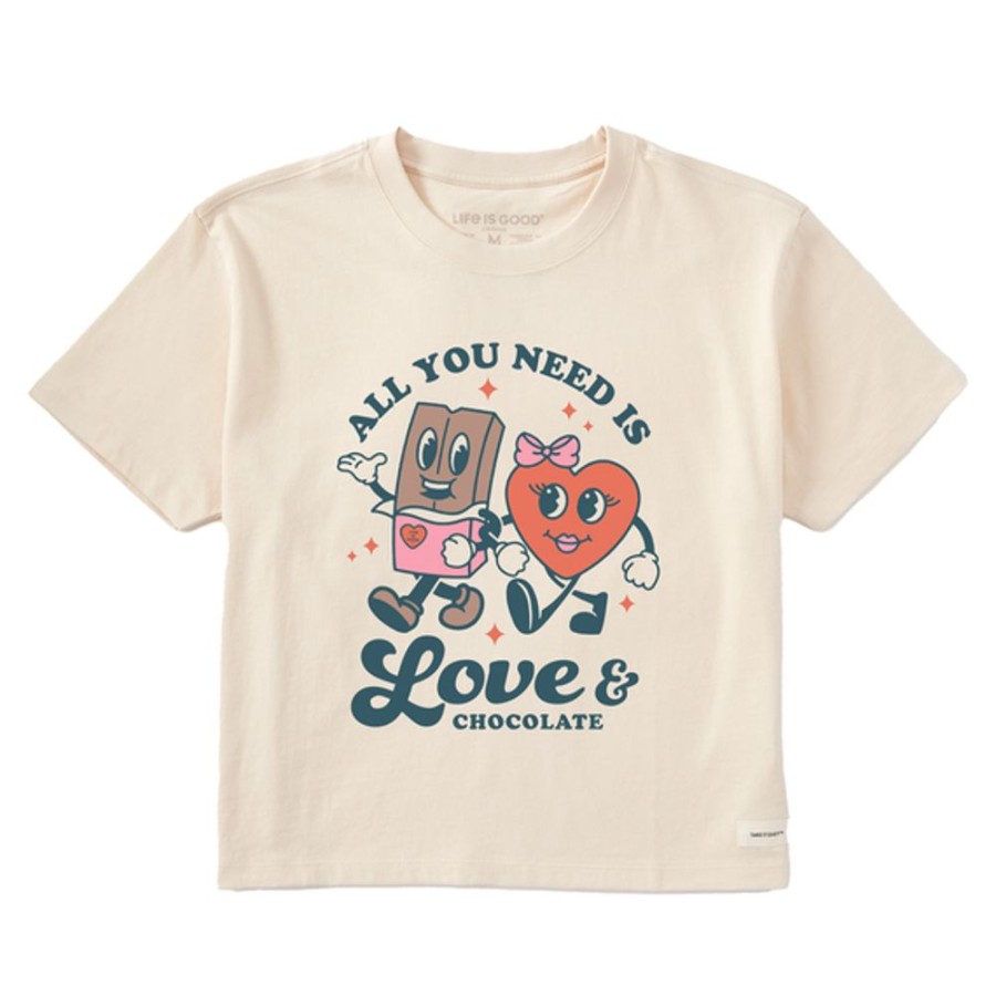 Women Life is Good Boxy Tees | Women'S Groovy Love & Chocolate Boxy Crusher Tee Putty White