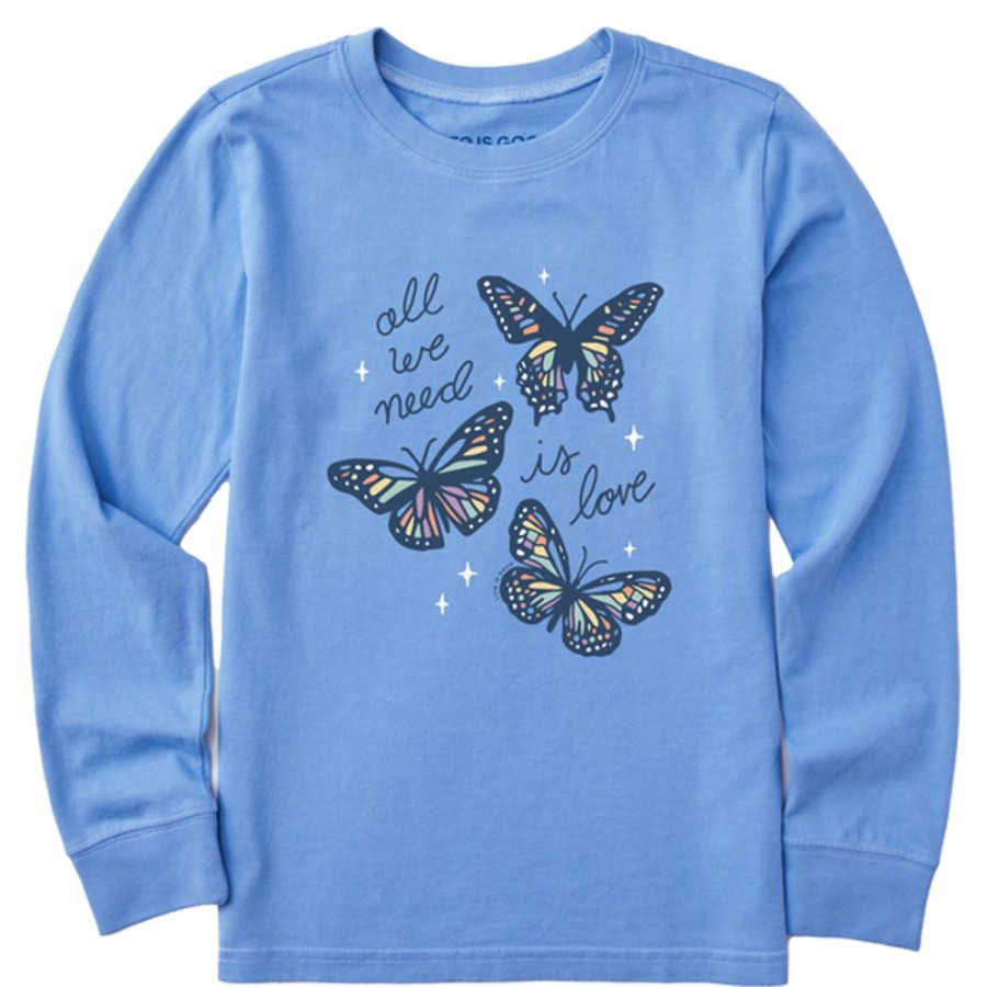 Kids Life is Good Graphic Tees | Kids All We Need Is Love Butterflies Long Sleeve Crusher Tee Cornflower Blue