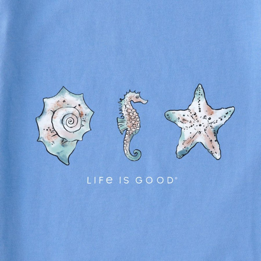 Women Life is Good Graphic Tees | Women'S Sea Life And Shells Long Sleeve Crusher-Lite Hooded Tee Cornflower Blue