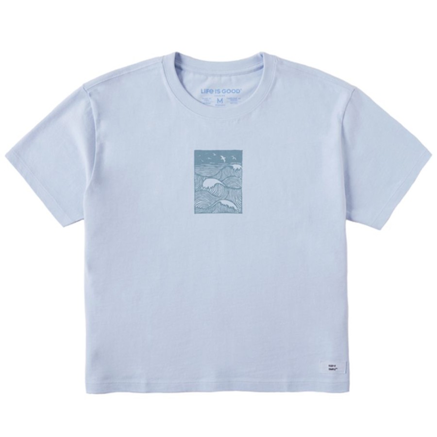 Women Life is Good Graphic Tees | Women'S Woodblock Ocean Scene Boxy Crusher Tee Glacier Blue