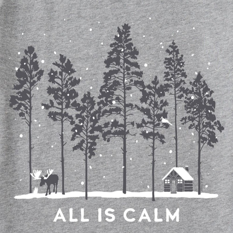 Women Life is Good Graphic Tees | Women'S All Is Calm Moose Cabin Long Sleeve Crusher Tee Heather Gray