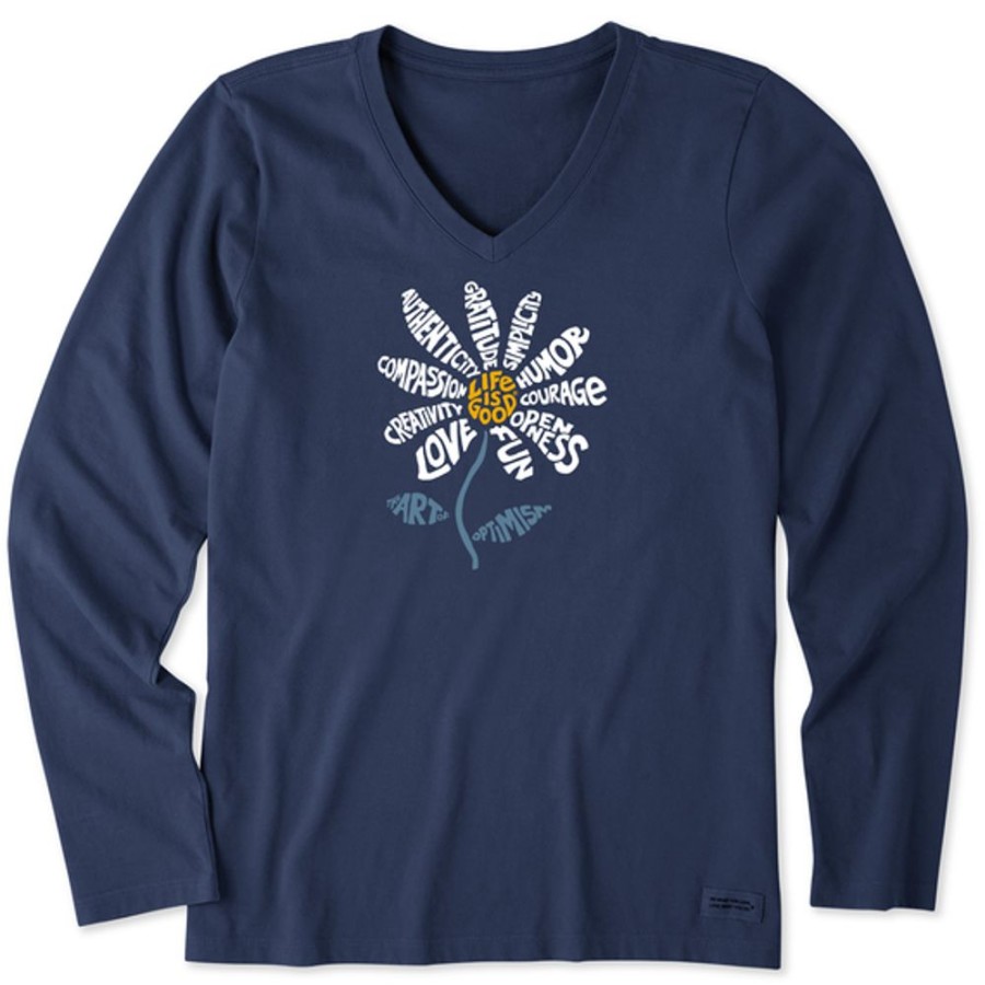 Women Life is Good Graphic Tees | Women'S Superpowers Daisy Long Sleeve Crusher Vee Darkest Blue