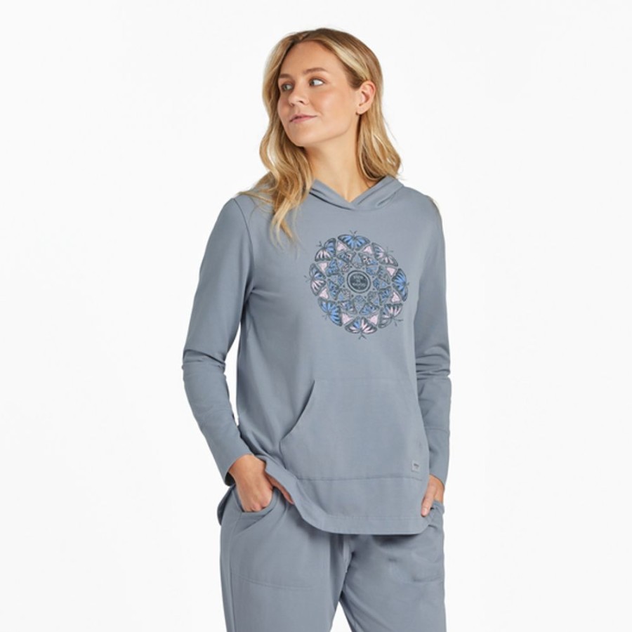 Women Life is Good Crusher-Flex Apparel | Women'S Hand Drawn Butterfly Mandala Crusher-Flex Hoodie Tunic Stone Blue