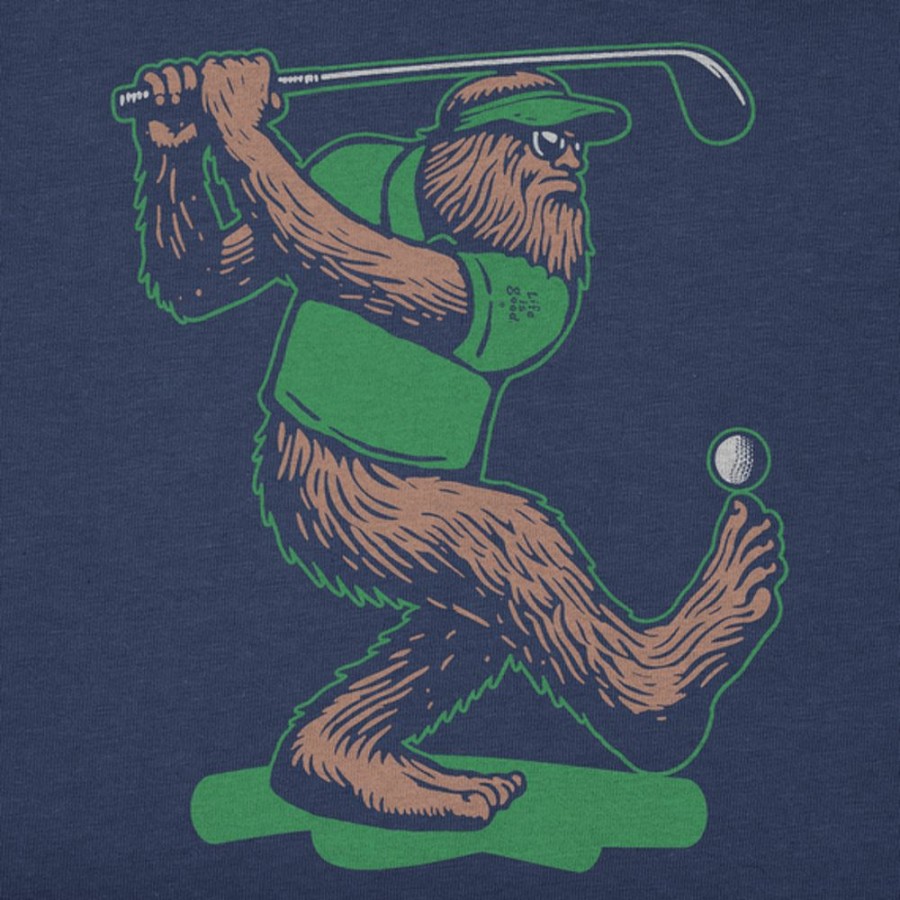 Kids Life is Good Graphic Tees | Kids Woodcut Bigfoot Golfing Crusher Tee Darkest Blue