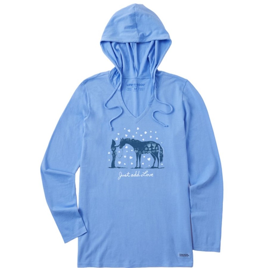 Women Life is Good Graphic Tees | Women'S Just Add Love Horse Long Sleeve Crusher-Lite Hooded Tee Cornflower Blue