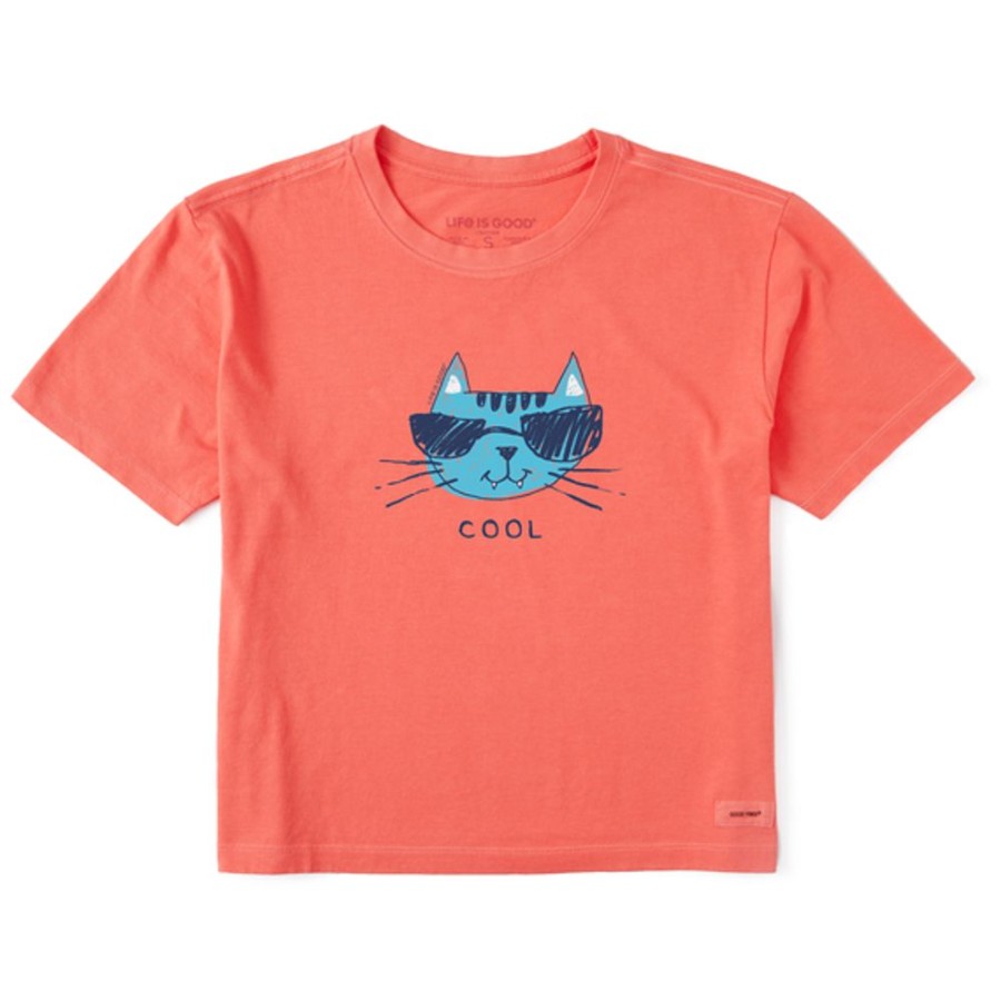 Women Life is Good Boxy Tees | Women'S Cool Cat Boxy Crusher Tee Mango Orange