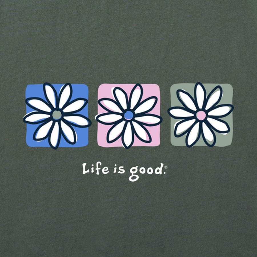 Women Life is Good Crusher-Flex Apparel | Women'S Three Boxed Daisies Crusher-Flex Boxy Hoodie Dark Moss Green