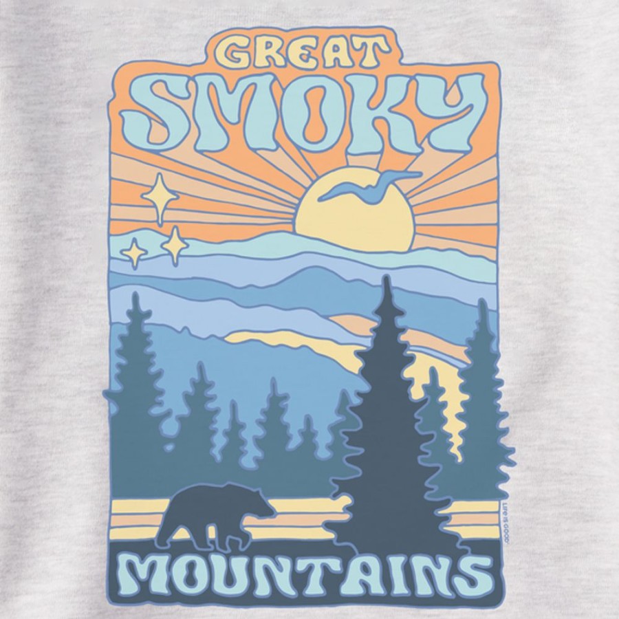 Men Life is Good Sweatshirts & Hoodies | Men'S Groovy Great Smoky Mountains Poster Simply True Fleece Crew Light Heather Gray