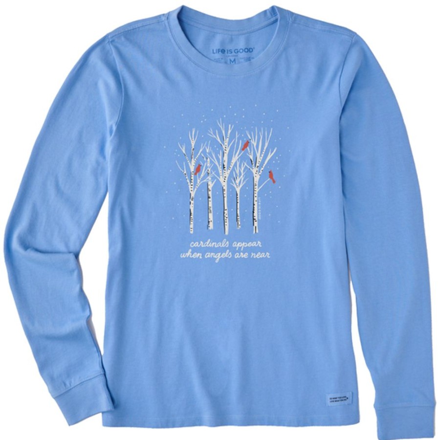 Women Life is Good Graphic Tees | Women'S Cardinals Appear Birch Trees Long Sleeve Crusher Tee Cornflower Blue