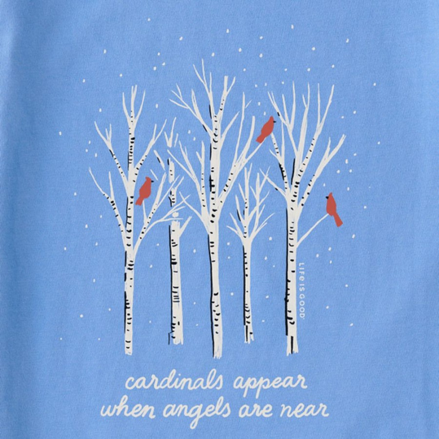 Women Life is Good Graphic Tees | Women'S Cardinals Appear Birch Trees Long Sleeve Crusher Tee Cornflower Blue