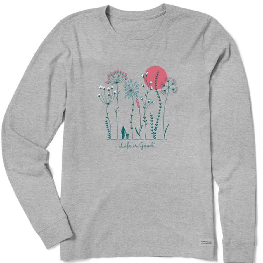 Women Life is Good Graphic Tees | Women'S Wildflower Walk Long Sleeve Crusher Tee Heather Gray