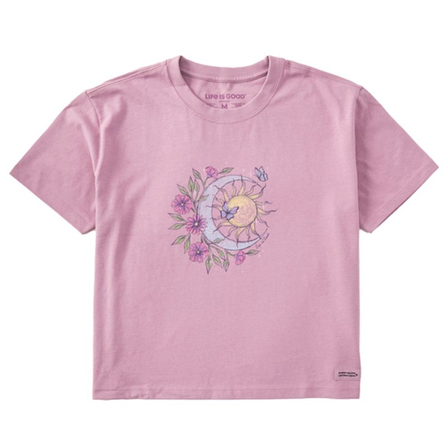 Women Life is Good Boxy Tees | Women'S Dreamy Floral Butterfly Celestial Boxy Crusher Tee Violet Purple