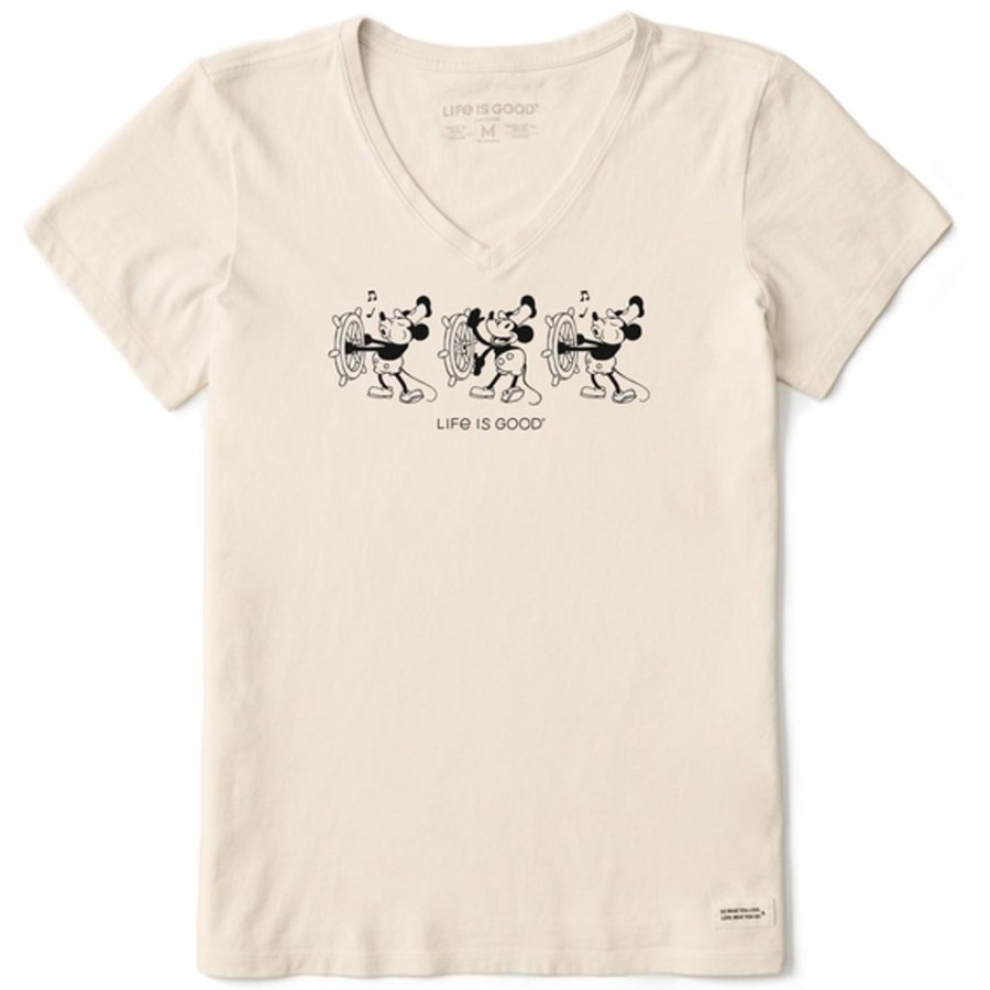 Women Life is Good Graphic Tees | Women'S Clean Steamboat Willie At The Helm Crusher Vee Putty White