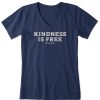 Women Life is Good Graphic Tees | Women'S Kindness Is Free Woodcut Short Sleeve Vee Darkest Blue