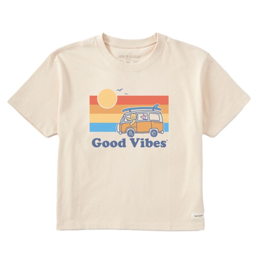 Women Life is Good Boxy Tees | Women'S Vintage Good Vibes Winnie & P Van Boxy Crusher Tee Putty White