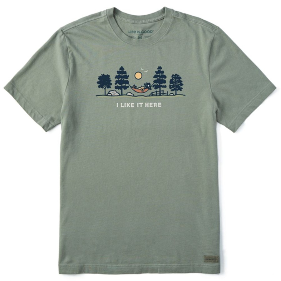 Men Life is Good Graphic Tees | Men'S Vintage I Like It Here Hammock Vista Short Sleeve Tee Moss Green