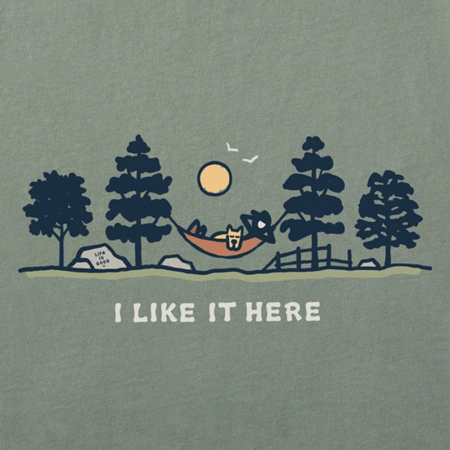 Men Life is Good Graphic Tees | Men'S Vintage I Like It Here Hammock Vista Short Sleeve Tee Moss Green