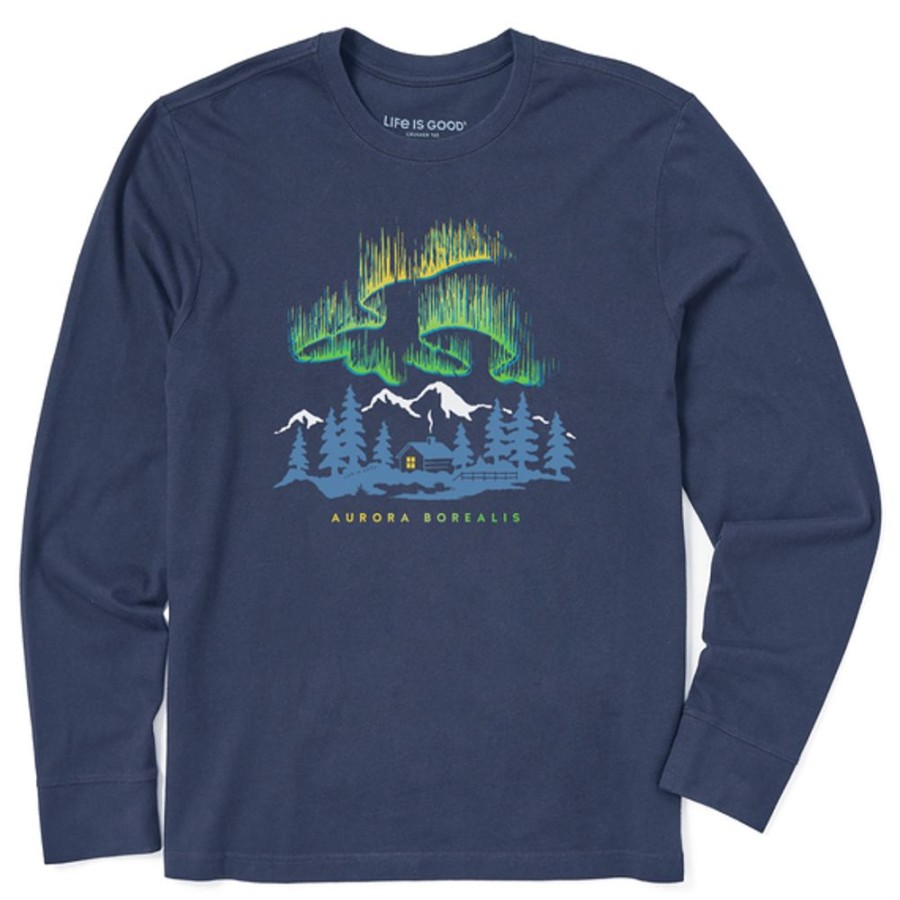 Men Life is Good Graphic Tees | Men'S Fineline Aurora Borealis Cabin Long Sleeve Crusher Tee Darkest Blue