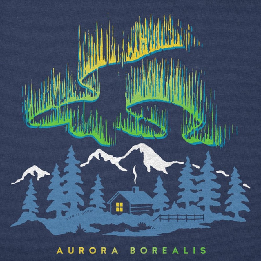 Men Life is Good Graphic Tees | Men'S Fineline Aurora Borealis Cabin Long Sleeve Crusher Tee Darkest Blue