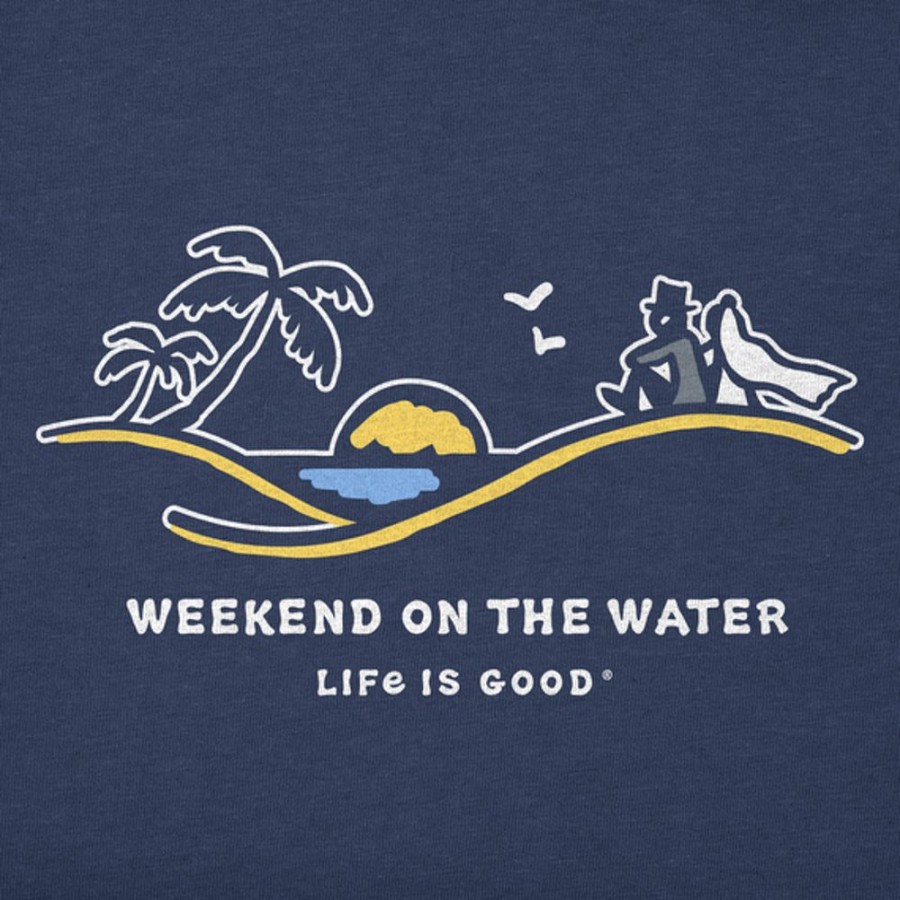 Men Life is Good Graphic Tees | Men'S Vintage Palm Sunset Weekend On The Water Crusher Tee Darkest Blue