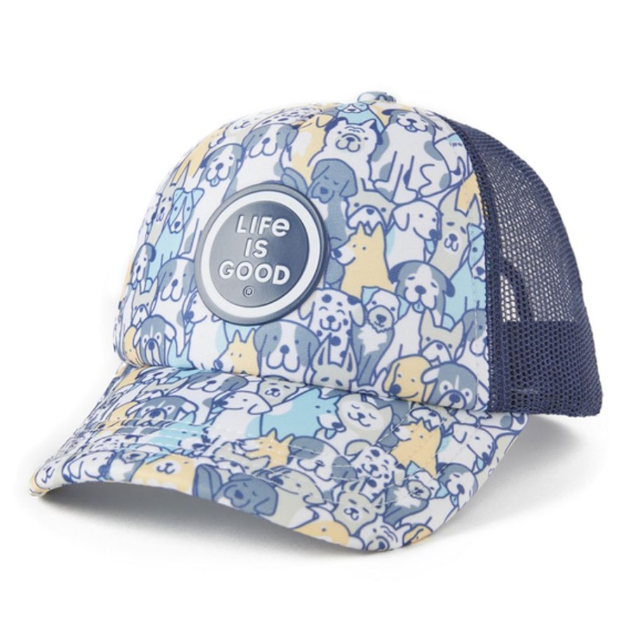 Women Life is Good Hats | Kids Heart Of Dogs Pattern Kids Trucker Cloud White