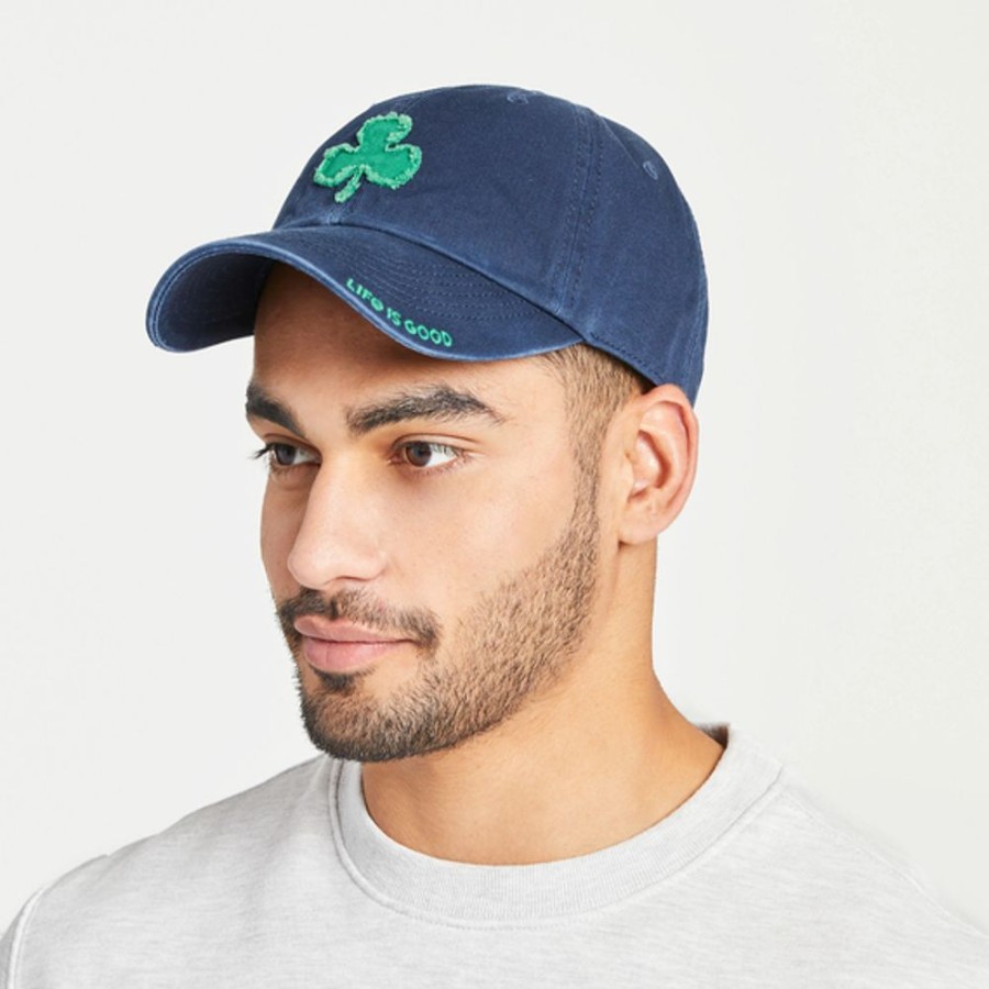 Men Life is Good Hats | Applique Shamrock Tattered Chill Cap Darkest Blue