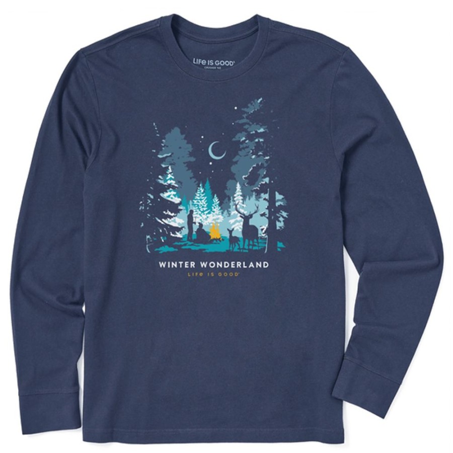 Men Life is Good Graphic Tees | Men'S Winter Wonderland Campfire Long Sleeve Crusher Tee Darkest Blue