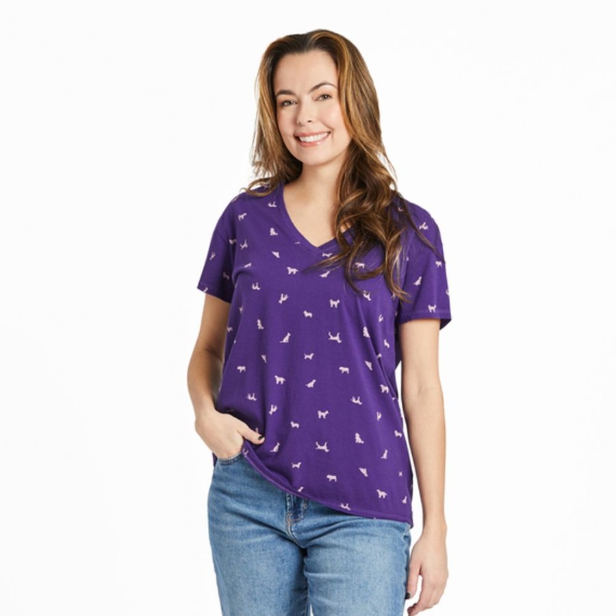 Women Life is Good Graphic Tees | Women'S Dog Ditsy Pattern Crusher-Lite Easy Vee Deep Purple