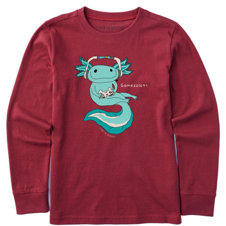 Kids Life is Good Graphic Tees | Kids Quirky Gamesolotl Long Sleeve Crusher Tee Cranberry Red