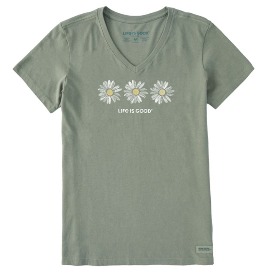 Women Life is Good Graphic Tees | Women'S Three Painted Daisies Short Sleeve Vee Moss Green