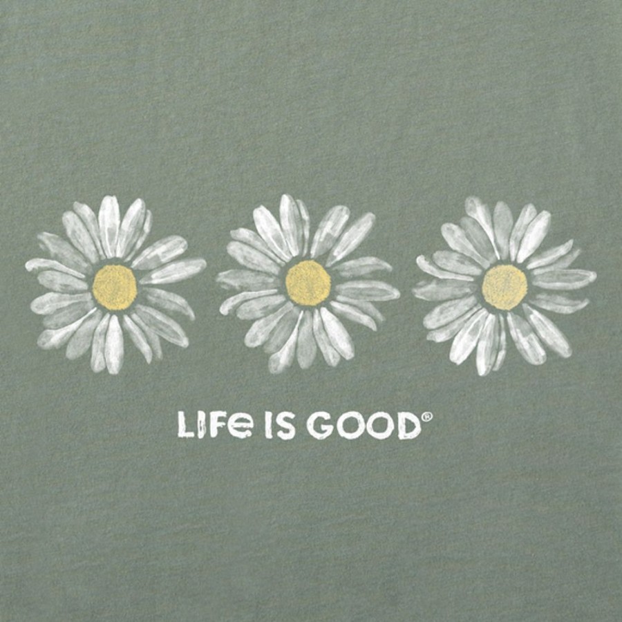 Women Life is Good Graphic Tees | Women'S Three Painted Daisies Short Sleeve Vee Moss Green