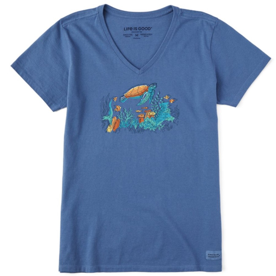 Women Life is Good Graphic Tees | Women'S Fine Line Turtle Oceanscape Crusher Vee Vintage Blue