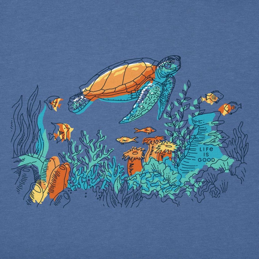 Women Life is Good Graphic Tees | Women'S Fine Line Turtle Oceanscape Crusher Vee Vintage Blue